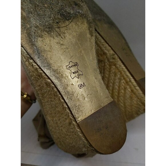 Tory Burch Brown Canvas Tie Wrap Espadrille Wedge Heels Size 9 FLAWED - Picture 11 of 16
